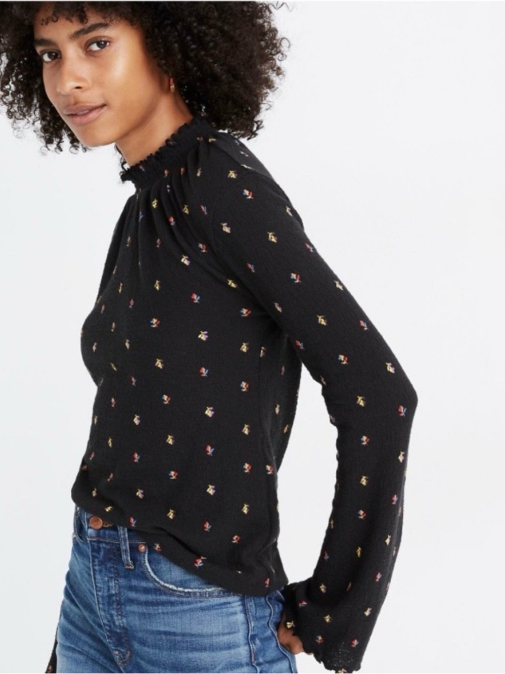 Madewell Texture + Thread Ruffled Mock Neck Top in Rainbow Buds XS